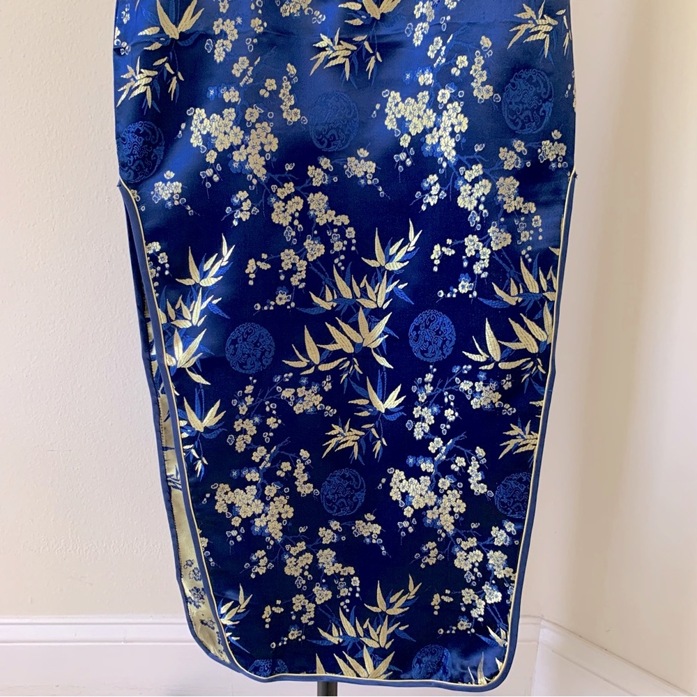 Vintage Qipao Cheongsam Blue & Gold Floral Dress Size M - Picture 4 of 6